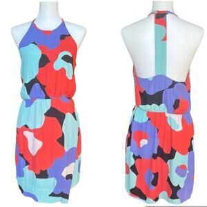 Annie Griffin Halter Neck T Back Faux Wrap Short Dress Purple Aqua Print Size 10